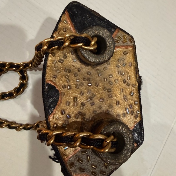 Vintage Mary Frances Handcrafted Box Minaudiere Black Gold Beaded Chain Tassel - Picture 14 of 16